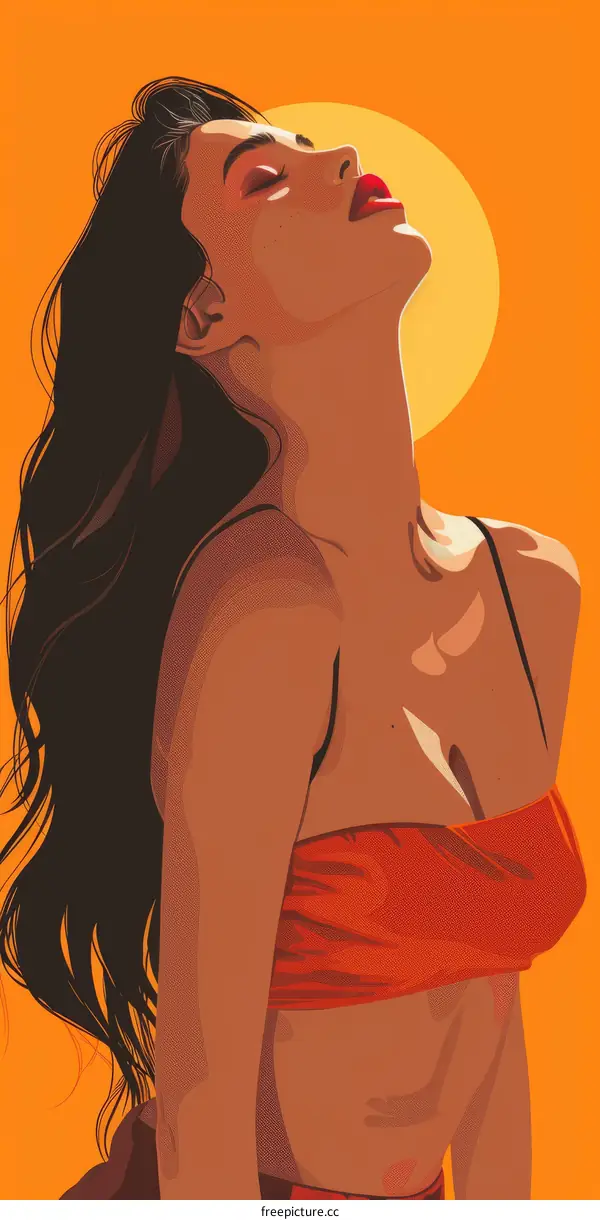 Stunning Brunette Beauty in Orange Bikini Enjoys Ocean Breeze