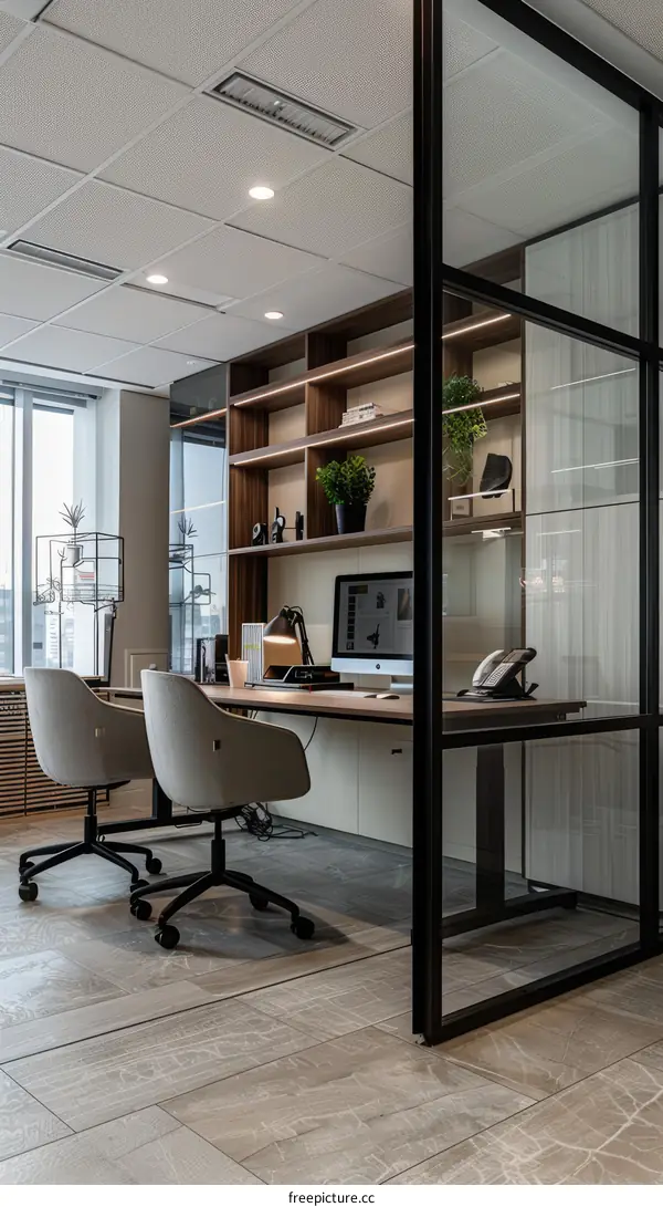 Modern Office Interior with Armchairs and Large Window