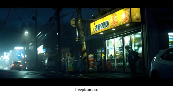 Night Street Scene with Store and Person in Japan