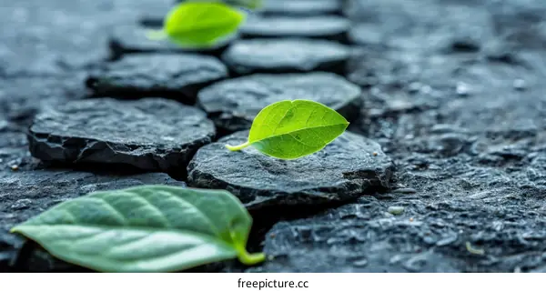 Small Green Leaves Sprouting Amidst Black Stones