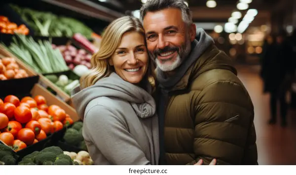 Happy couple shopping for groceries in the supermarket