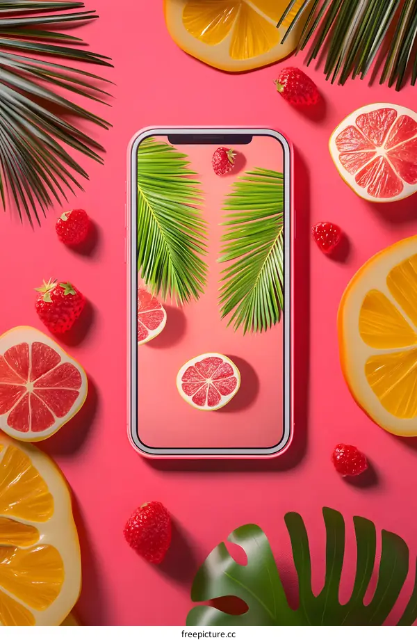 Summer Fruit Phone Mockup With Tropical Leaves