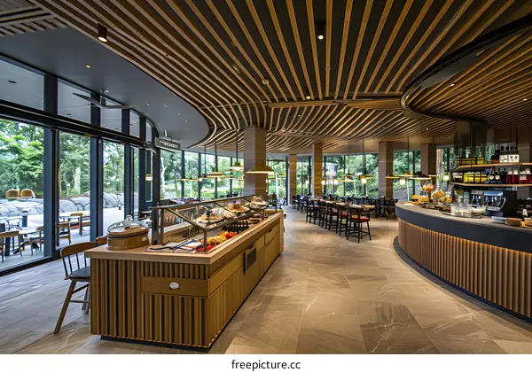 Modern Restaurant Interior Design With Wooden Ceiling And Large Windows