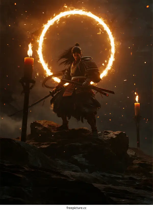 Samurai standing on rocky terrain with glowing circular flame
