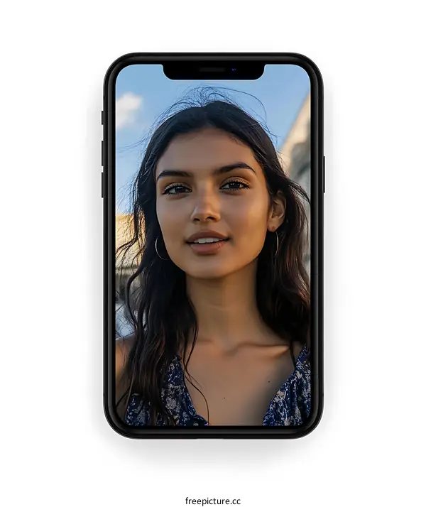 Woman Using Smartphone for Selfie with a Blue Sky Background