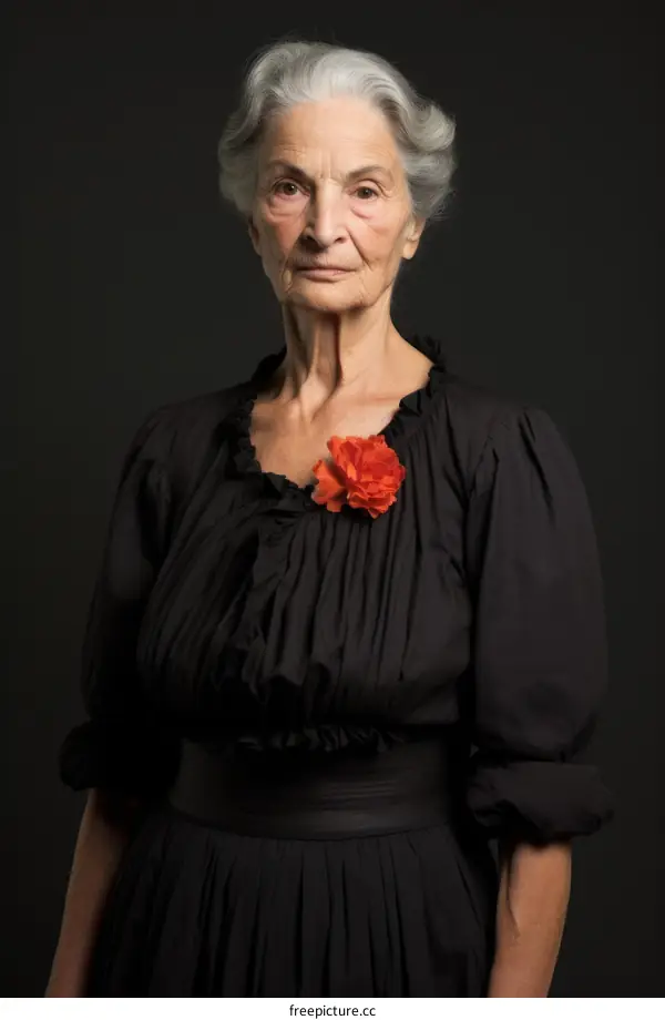 Portrait of an elderly woman with gray hair and a red flower on her chest
