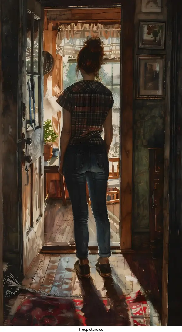 A woman standing in a doorway looking out at a bright sunlit room