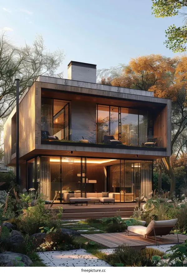Modern House Exterior with Glass Windows and Wooden Elements