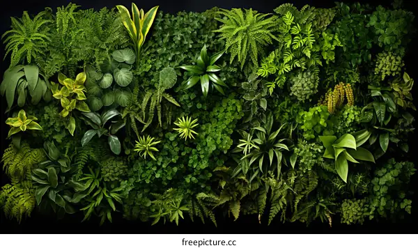 lush green leaves and ferns forming a dense wall of foliage