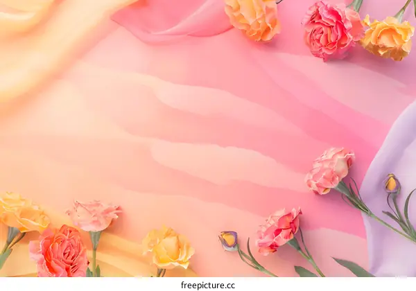 Pink and Yellow Flowers with Silk Fabric on Pink Background