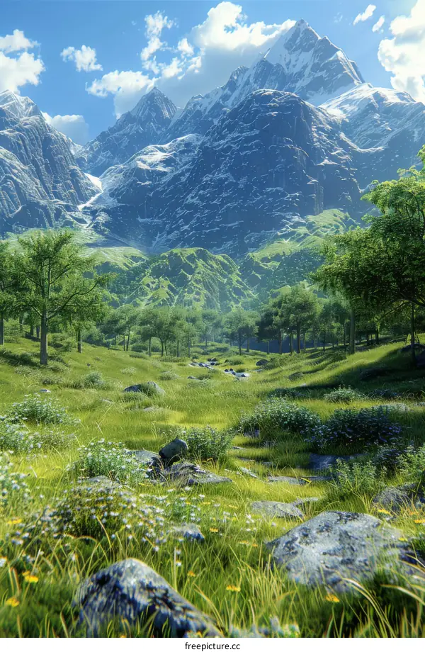 Fantasy Mountain Landscape with Lush Meadows and Scattered Rocks