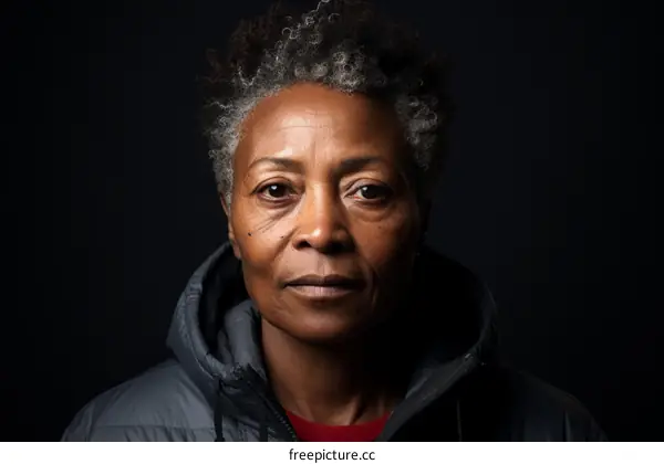 portrait of a black woman with gray hair wearing a black jacket