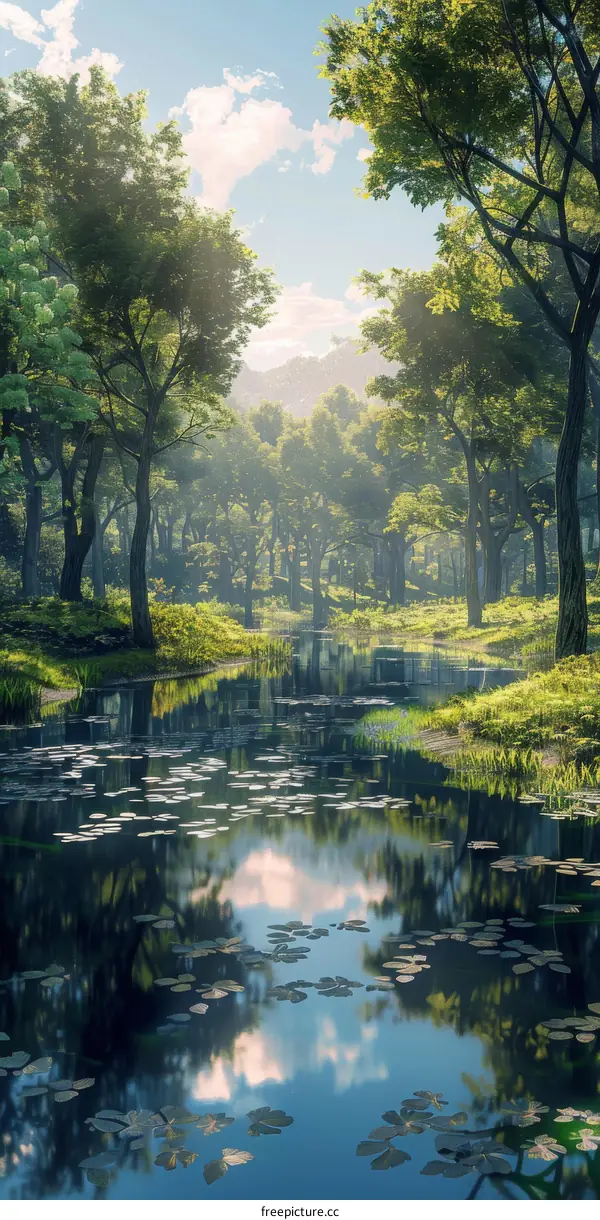 Serene Forest Clearing with Glimmering Lake