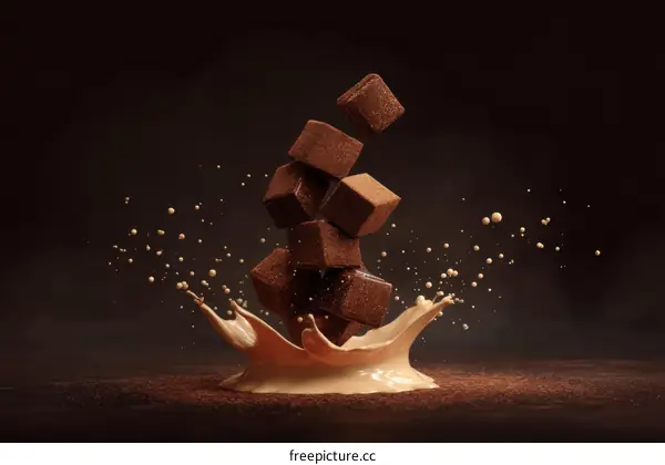Chocolate Cubes Falling into Liquid Splash