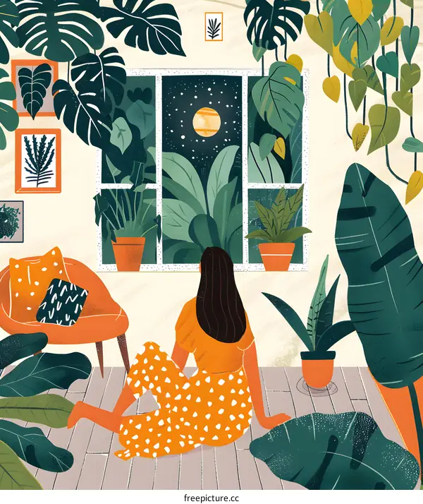 Woman Sitting by Window Looking at Night Sky with Moon and Stars Illustration