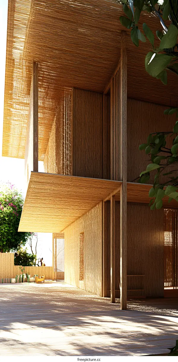 Modern Bamboo House Exterior Design With Sunlight Shining Through