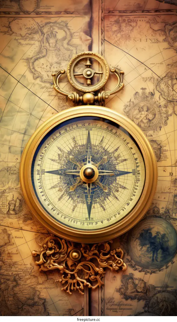 Ornate Golden Compass on Background of Vintage Maps