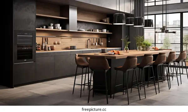 Modern minimalist kitchen with large island and black cabinets