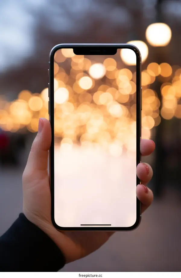 A hand holding a smartphone with a blank screen
