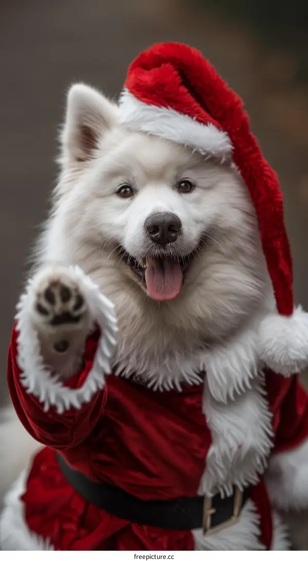 Samoyed dog wearing a Santa hat