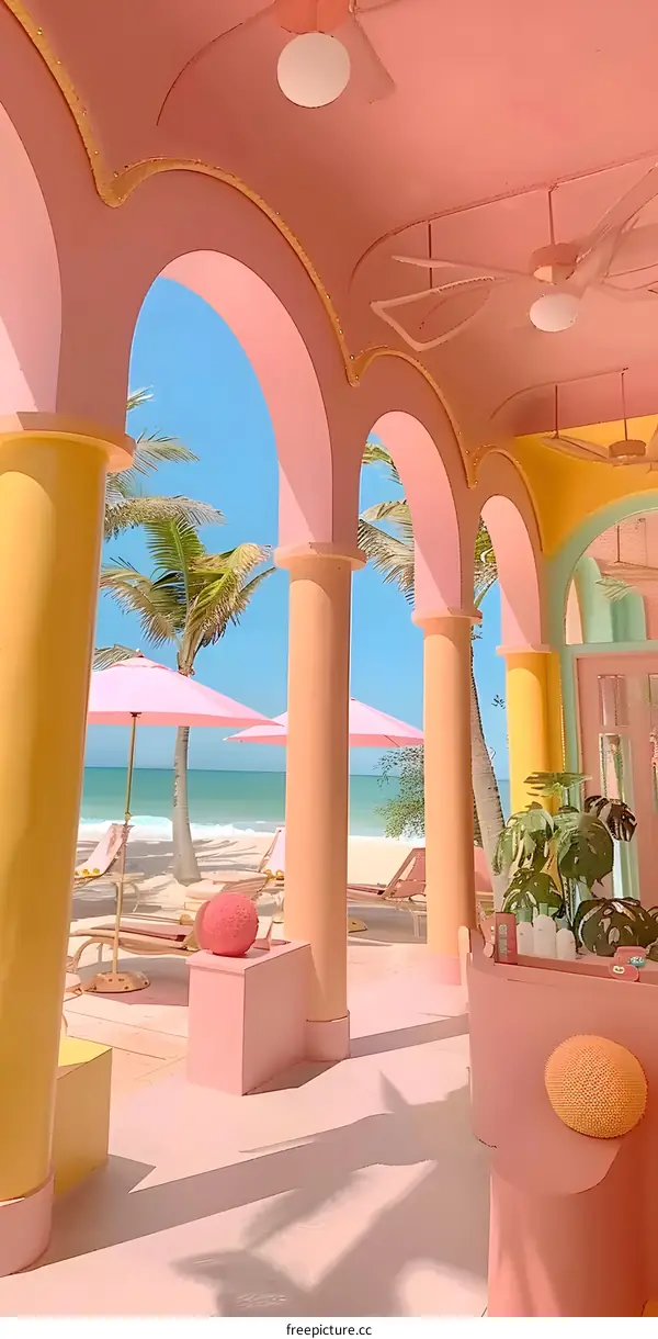 Pink and Yellow Arched Patio Overlooking Beach