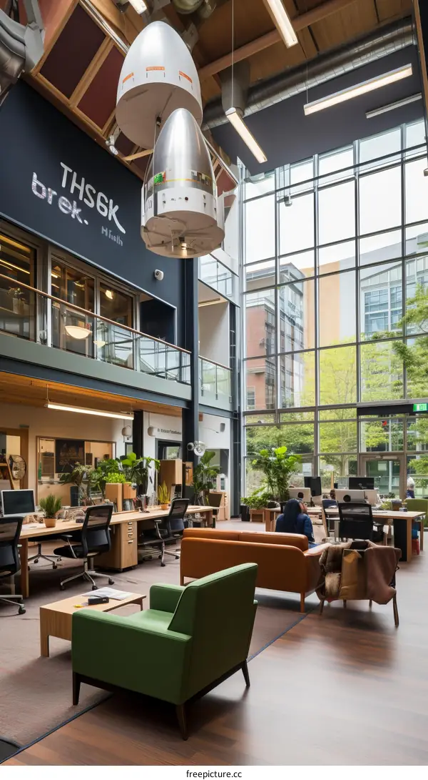 Modern office interior with glass walls, wooden floors, and comfortable furniture