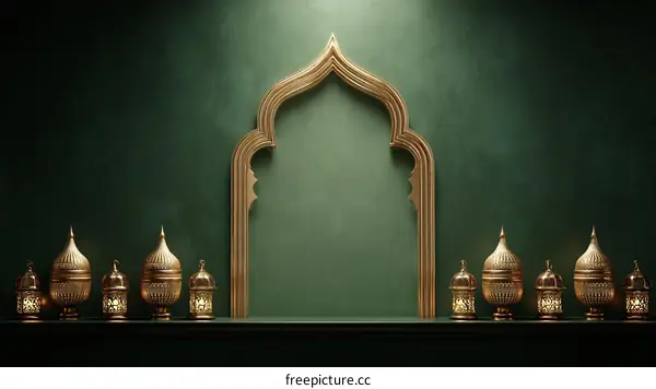 Golden Islamic Decorative Lanterns on Green Background
