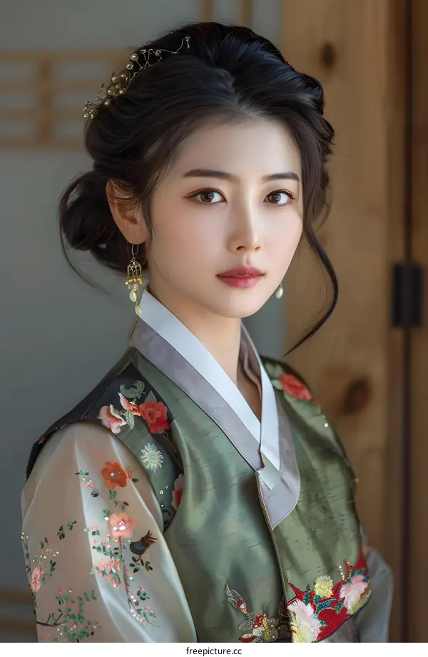 Portrait of a young woman in traditional Korean dress, or Hanbok