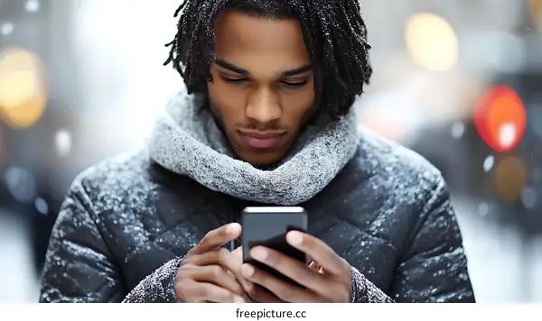 Young Man in Winter Using Smartphone in Snowy City