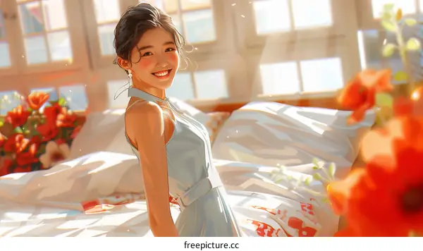 A smiling woman in a blue dress standing in a bedroom.