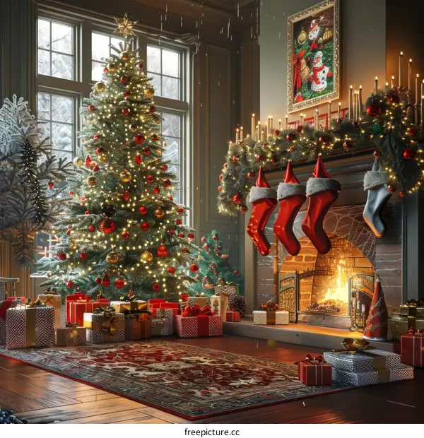 Christmas Interior Scene with Decorated Tree and Fireplace