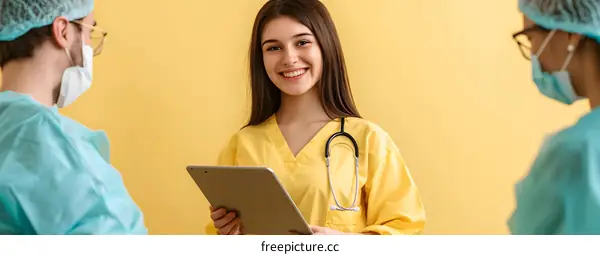 Smiling Female Doctor with Tablet and Stethoscope in Yellow Scrubs