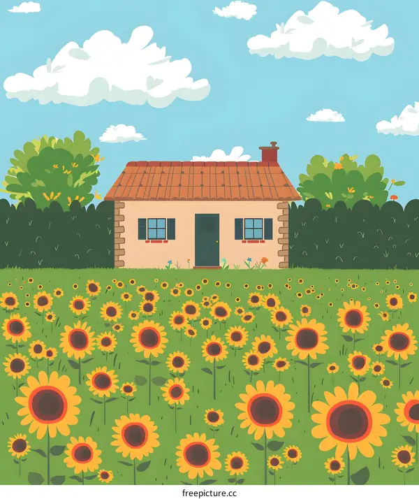 Cottage Home with a Field of Sunflowers
