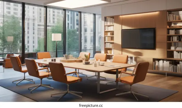 A conference room with a large wooden table and comfortable chairs