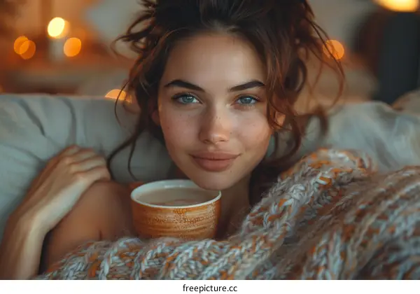 Beautiful young woman relaxing at home with a cup of coffee