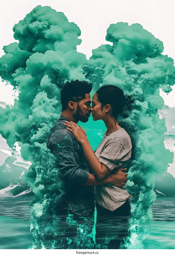 Couple in Love Surrounded by Green Smoke
