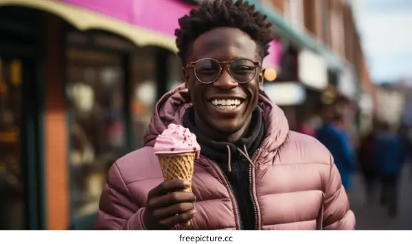 A young man is eating ice cream on the street