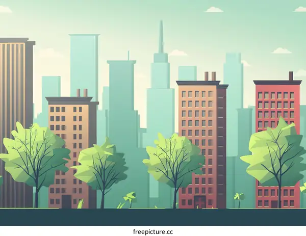 Cityscape With Green Trees And Skyscrapers