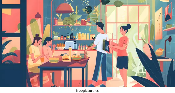 Friends Gathering in the Kitchen with Plants and Food