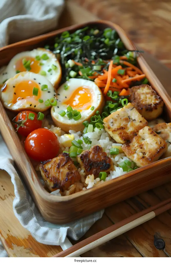 Japanese Bento Box with Rice Eggs and Tofu