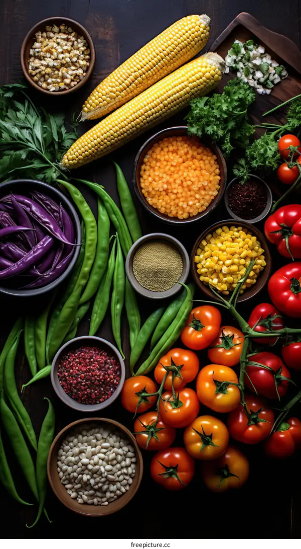 A variety of fresh vegetables and spices on a wooden table