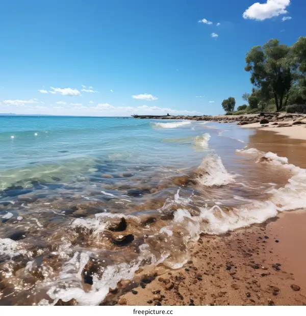 Sandy beach by a lake with small waves and blue sky