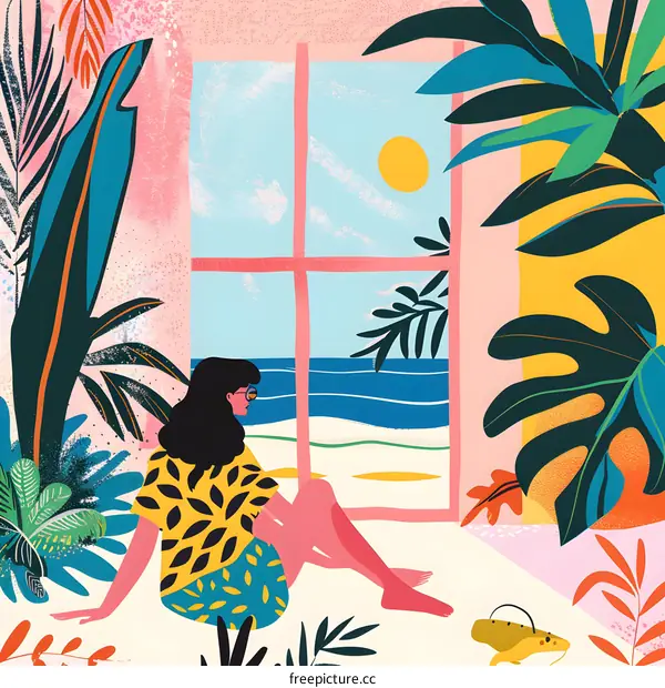 Woman Sitting by Window Looking at Ocean View