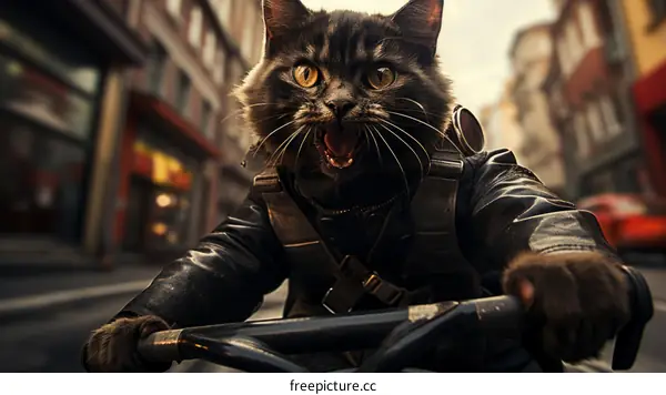 A cat wearing a leather jacket and goggles rides a motorcycle.