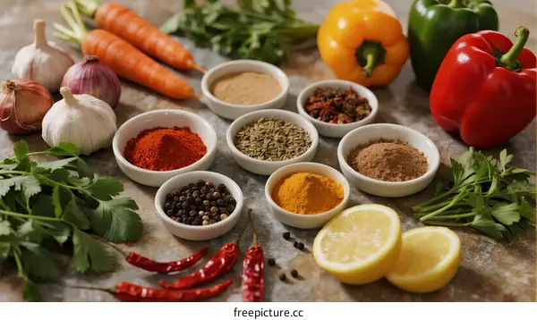 Fresh Vegetables and Spices Arranged on a Stone Surface