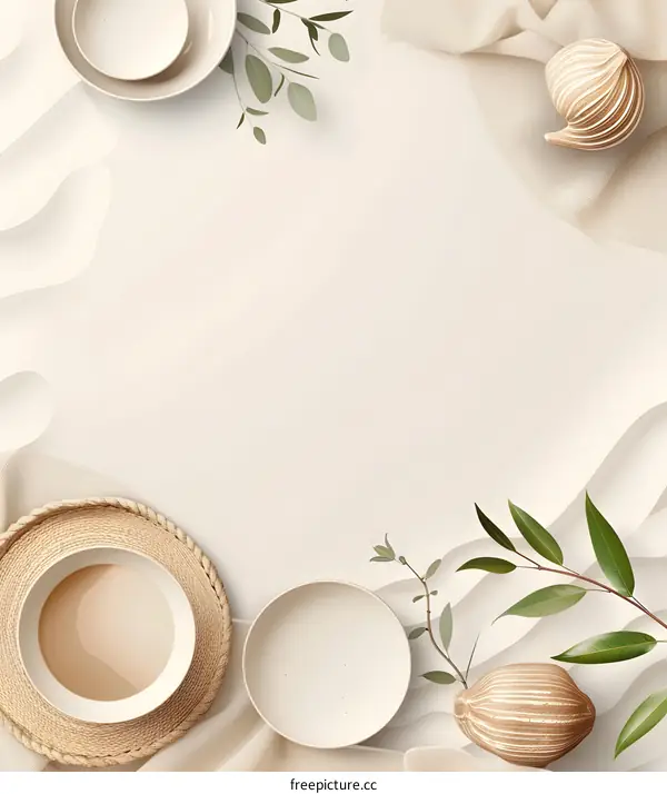 Minimalist Aesthetic Background with Plates and Leaves