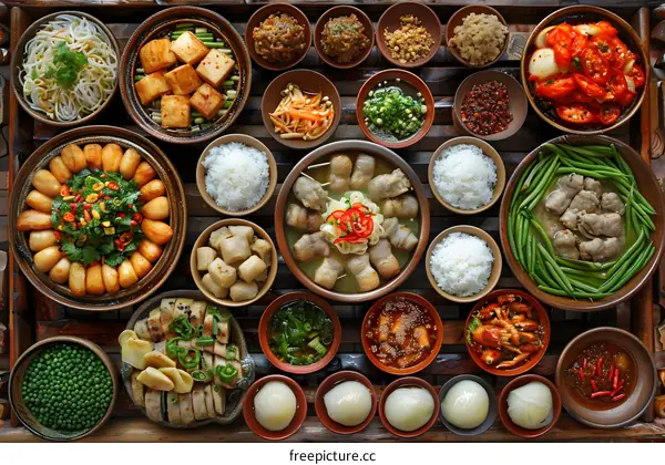 A large wooden table is filled with bowls of various Chinese dishes.