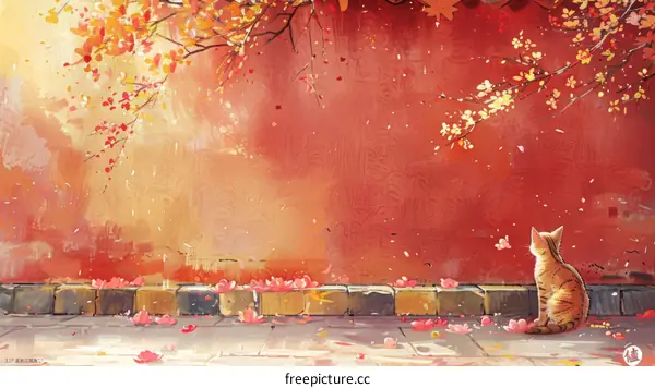 A ginger cat looking at the peach blossom in front of the red wall