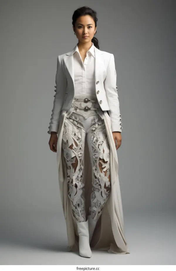 Fashion model wearing an avant-garde white outfit