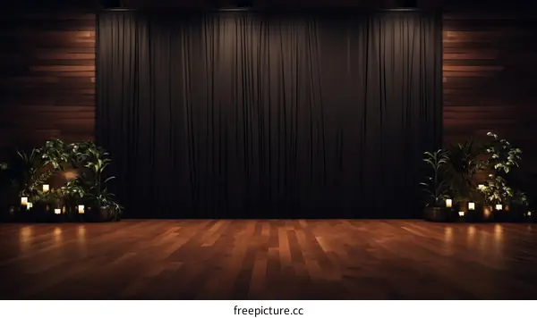 Empty stage with wooden floor, dark curtain and plants